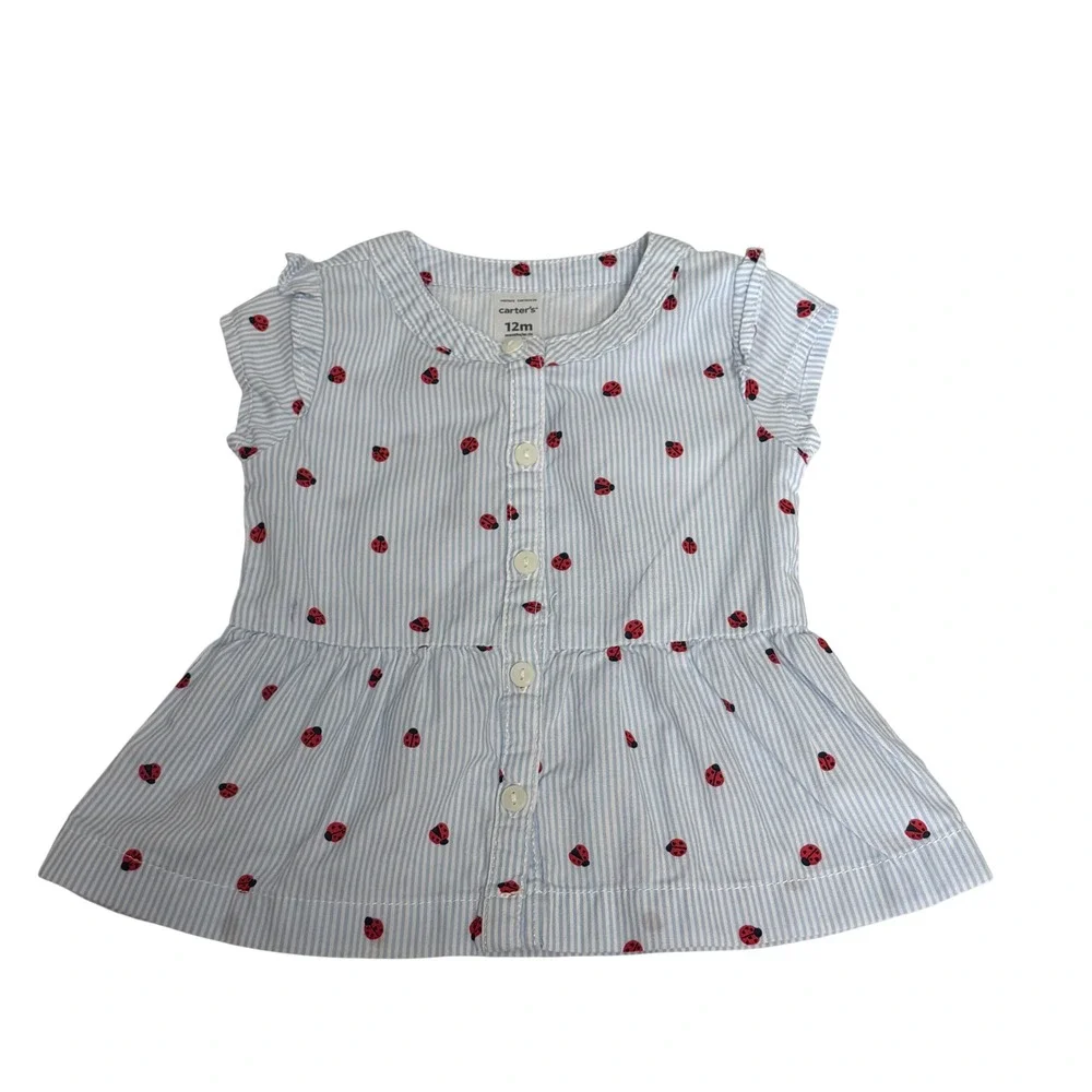 Carters Baby Girl 12M Blue Ladybug Peplum Top and Black Floral Bodysuit Lot 2pc